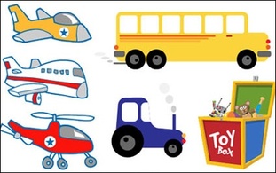 Aircraft, helicopters, cars, tractors, trains and toy vector