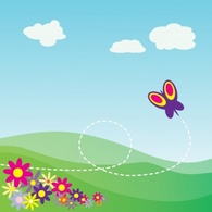 Backgrounds - Cartoon Hillside With Butterfly And Flowers clip art 