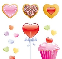 Cookies, candy hearts, lollipop and valentine cupcake