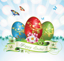 Easter card with butterflies and decorated eggs on grass Preview