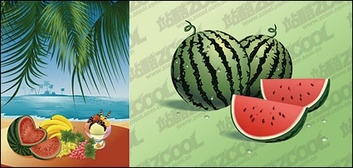 Food - eps format, with jpg preview, the crucial words: Vector fruits, the beach, watermelons, bananas, grapes, ... 