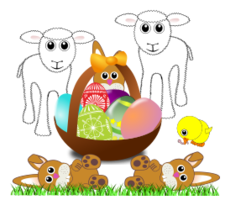 Funny lambs, bunnies and chick with Easter eggs in a basket Preview