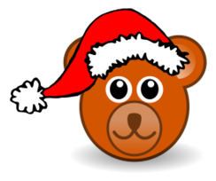 Cartoon - Funny teddy bear face brown with Santa Claus hat 
