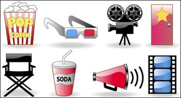 Movie tickets, popcorn, glasses, camera, icons vector Preview